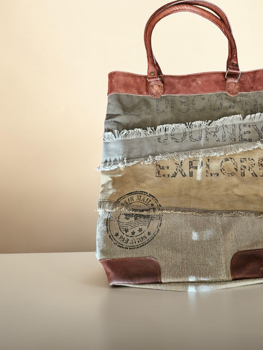 Mona B Striped Fringed Canvas Tote in Brown, Olive and Tan
